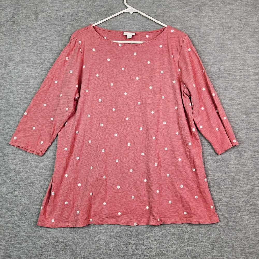 J. Jill Women's Sz L Pink Polka Dot Slub Knit 3/4 Sleeve Boat Neck Cotton Top